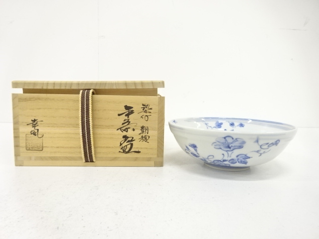 曽根幸風造　染付　朝顔　平茶碗